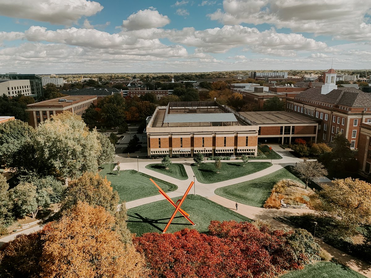 Aerial view of campus looking from the west at Love Library