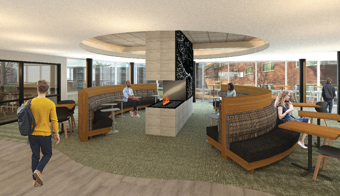 Rendering of fireplace area in the Selleck Food Court